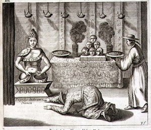 अथानासियस किरचर (1601-80) 1667 (उत्कीर्णन) द्वारा 'चाइना इलस्ट्रेटेड' से एक भारतीय भगवान के लिए एक मंदिर का आंतरिक भाग द्वारा डच स्कूल