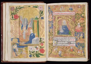 सुश्री 144, ff.13v-14r: अनाउंसमेंट एंड वर्जिन एंड चाइल्ड, एक बुक ऑफ़ आवर्स से लघुचित्र, यूट्रेच का उपयोग, c.1500-20 (चर्मपत्र पर सोने की पत्ती और सोने और रंगीन स्याही) द्वारा डच स्कूल