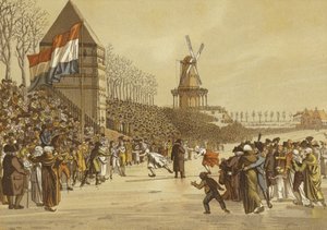 महिला आइस स्केटिंग दौड़, ल्यूवर्ड, नीदरलैंड, 1805 द्वारा डच स्कूल