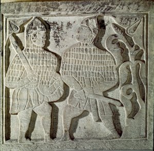 सेल्जुकाइड कला (सेल्जुकाइड या साल्जूकाइड): कम राहत दो योद्धाओं का प्रतिनिधित्व करती है। कोन्या, तुर्की से। 13 वीं सदी। तुर्की इस्लामी कला संग्रहालय, इस्तांबुल
