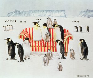 लाल और सफेद रंग के सोफे पर पेंगुइन, 1994 (एक्रिलिक)