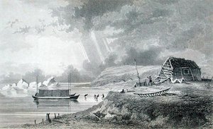 एडवर्ड फाइंडेन (1791-1857) द्वारा उकेरी गई सर जॉन फ्रैंकलिन (1786-1847) द्वारा 'नैरेटिव ऑफ ए सेकेंड एक्सपीडिशन टू द शोर्स ऑफ पोलर सी इन द इयर्स 1825-27' से एटकिंसन द्वीप पर एस्किमॉक्स विंटर हाउस, 13 जुलाई। प्रकाशित 1828 (उत्कीर्णन) द्वारा एन (बाद) केंडल