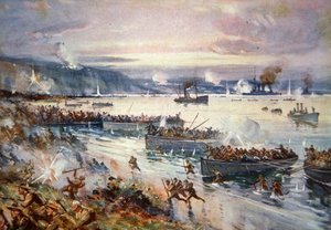 गैलीपोली में ऑस्ट्रेलियाई लोगों की लैंडिंग, अप्रैल 1915 (कलर लिथो) द्वारा ईएस हॉजसन