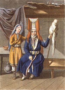 जेगोर स्कोटनिकॉफ (1782-1843) (लिथो) द्वारा उकेरी गई वोत्याक महिला स्पिनिंग द्वारा ई. (बाद में) कर्नेजेफ्