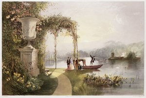 &39;द गार्डन्स ऑफ़ इंग्लैंड&39; से लेक, ट्रेंटम हॉल गार्डन, 1857 (क्रोमोलिथो) प्रकाशित द्वारा ई। एडवेनो ब्रुक