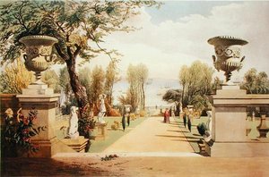 गार्डन्स में देखें, वेस्टफील्ड हाउस, आइल ऑफ वाइट, 'गार्डन ऑफ इंग्लैंड' से, 1857 में प्रकाशित (क्रोमोलिथो) द्वारा ई। एडवेनो ब्रुक