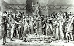 क्लब डे कॉर्डेलर्स के चैपल में जीन पॉल मराट (1743-93) का अंतिम संस्कार, 16 जुलाई 1793, सी .1793 (कागज पर पेन की स्याही) द्वारा ई। ले सुउर