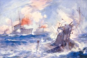 HMS बर्मिंघम (कलर लिथो) द्वारा जर्मन पनडुब्बी U15 का डूबना द्वारा ईएस (बाद) हॉजसन