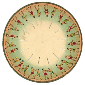 zoopraxiscope डिस्क जिसमें पुरुषों को मुक्केबाजी, 1893 दिखाया गया है द्वारा एडवियर्ड मुयब्रिज