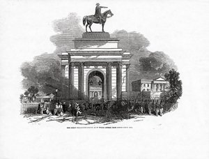 ग्रेट वेलिंगटन स्टैच्यू जैसा कि 3 अक्टूबर 1846 को &39;द इलस्ट्रेटेड लंदन न्यूज&39; में प्रकाशित संविधान हिल से दिखाई देगा द्वारा एबेनेजर लैंडल्स