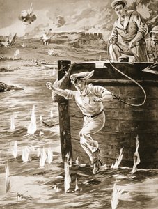 Midshipman Malleson एक बजरे से एक लाइन के साथ कूदते हुए एक और बजरे को जोड़ रहे थे जो बह रहा था