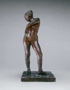 डांसर बन्धन स्ट्रींग ऑफ़ हेर चड्डी, c.1885-1890 (पिगमेंटेड बीवैक्स, प्लास्टिलिन, मेटल आर्मेचर, कॉर्क, लकड़ी के आधार पर) द्वारा एडगर डीगास