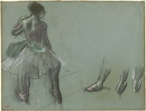 पीछे से देखा गया डांसर और पैरों का तीन अध्ययन, c. 1878. द्वारा एडगर डीगास