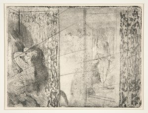 लोगेस डेक्ट्रिस (अभिनेत्री के ड्रेसिंग रूम), c.1875 (नक़्क़ाशी और जलीय) द्वारा एडगर डीगास