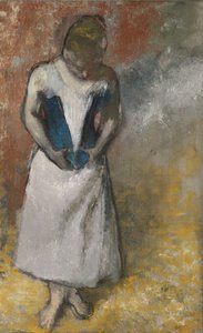 सामने से खड़ी महिला, अपने corset को दबाते हुए, ca. 1883 द्वारा एडगर डीगास