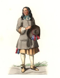 फ्रांसीसी किसान 17वीं सदी, 1679 के उत्कीर्णन के बाद, जीन सेंट जीन द्वारा - एडमंड लेचेवेलियर-चेविग्नार्ड (1825-1902) द्वारा एक चित्रण की लिथोग्राफी, "कॉस्ट्यूम्स हिस्टोरिक्स डेस 16e" से द्वारा एडमंड लेचेवेलियर-चेविग्नार्ड