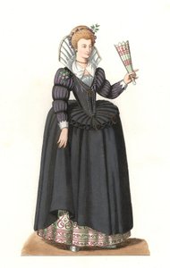 राजा हेनरी III (1551-1589) के शासनकाल में फ्रांसीसी महिला - एडमंड लेचेवेलियर-चेविग्नार्ड (1825-1902) के एक चित्रण पर आधारित लिथोग्राफी, "कॉस्ट्यूम्स हिस्टोरिक्स डेस 16th" से द्वारा एडमंड लेचेवेलियर-चेविग्नार्ड