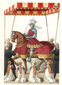 फ्रांस के राजा लुई बारहवीं (1462-1515), जीन मारोट (या डेसमेरेट्स, लगभग 1450-लगभग 1526) द्वारा एक लघु के बाद - एडमंड लेचेवेलियर-चेविग्नार्ड (1825-1902) के एक चित्रण से लिथोग्राफी, "16 वीं की ऐतिहासिक वेशभूषा" से द्वारा एडमंड लेचेवेलियर-चेविग्नार्ड