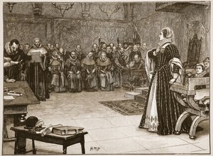 फ़ॉर्शिंगय कैसल में मैरी क्वीन ऑफ़ स्कॉट्स का परीक्षण, &39;कासेल इलस्ट्रेटेड हिस्ट्री ऑफ़ इंग्लैंड&39; (सेपिया फोटो) से चित्रण द्वारा एडोर्ड बेरविलर