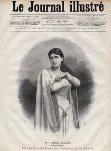 एम्मा कैल्वे का पोर्ट्रेट (रोजा नोएमी एम्मा कैल्वेट डी रोक्वेट, डिट) (1858-1942), फ्रेंच सोप्रानो - 1892 के "द इलस्ट्रस जर्नल" में नेवेलियर द्वारा उत्कीर्णन