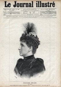 नेल्ली मेल्बा का पोर्ट्रेट (हेलेन पोर्टर मिशेल, डीआईटी) (1861-1931), ऑस्ट्रेलियाई सोप्रानो - 1891 के "द इलस्ट्रस जर्नल" में नेवेलियर द्वारा उत्कीर्णन