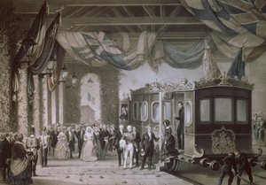 क्वीन विक्टोरिया (1819-1901) और प्रिंस अल्बर्ट (1819-61) गोस्पोर्ट स्टेशन, हेम्पशायर में पहुंचते हैं, जो बायोट और क्यूविलियर द्वारा उत्कीर्ण है, 1846