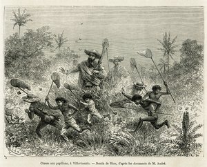 1875-1876 में एड द्वारा इक्विनोक्सिअल अमेरिका (कोलंबिया, इक्वाडोर, पेरू) की कहानी को चित्रित करने के लिए, लेखक, विलाविसेंसियो (कोलंबिया), रियो द्वारा चित्रित, तितलियों के लिए शिकार करने वाले बच्चों के एक गिरोह के साथ। आंद्रे, F . द्वारा मिशन के प्रभारी यात द्वारा एडौर्ड रिउ