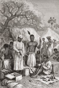 अब्दुल्ला सूज़ी, याकूब वीन्यूएर और जेम्स चौमा, डॉ। डेविड लिविंगस्टोन के तीन नौकर, 1873 में उनकी मृत्यु के बाद अपने सामान का जायजा लेते हुए, चार्ल्स द बारबेंट द्वारा उकेरी गई "द वर्ल्ड इन द हैंड्स" से दृष्टांत। द्वारा एडौर्ड रिउ