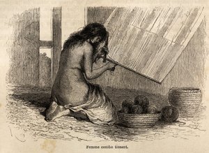 1848 से 1860 तक प्रशांत महासागर से अटलांटिक महासागर तक की समुद्री यात्रा का वर्णन करने के लिए पेरू से बुनाई करते हुए एक भारतीय कोनिबो, रियो द्वारा चित्रित किया गया। एडौर्ड चार्टन द्वारा संपादित "" ले टूर डू मोंडे "" में उत्कीर्णन द्वारा एडौर्ड रिउ