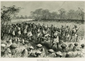 कुलियों के साथ अपनी कुर्सी पर कथाकार यात्री कलासा से विदा। 1883-1885 में, एडौर्ड सी के निर्देशन में, 1883-1885 में, टूर डू मोंडे 1887 में, विक्टर जिराउड द्वारा, लेस लैक्स डे ल'एफ्रिक इक्वेटोरियल की कहानी को चित्रित करने के लिए रिओ द्वारा उत्कीर्णन द्वारा एडौर्ड रिउ