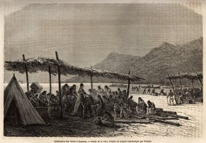 1868 के भूकंप और ज्वालामुखी विस्फोट के बाद, आपदा के शिकार लोगों के लिए केउहो में भोजन का वितरण, ई.रिउ के चित्र के बाद उत्कीर्णन, 1855-1869 में सैंडविच द्वीप समूह की यात्रा को दर्शाते हुए, सी। डी वेरगिन द्वारा, Le में प्रकाशित द्वारा एडौर्ड रिउ