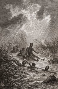 डॉ। डेविड लिविंगस्टोन को 1872 में अफ्रीका में उनके अभियान के दौरान पोर्टर्स द्वारा एक दलदल के माध्यम से ले जाया जा रहा था, चार्ल्स लैपलैंट द्वारा उकेरा गया "द वर्ल्ड इन द हैंड्स" से चित्रण। द्वारा एडौर्ड रिउ