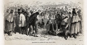 1848 से 1860 तक पॉल मार्कोय द्वारा दक्षिण अमेरिका के माध्यम से यात्रा को चित्रित करने के लिए, कुज़्को में, कुज़्को में, जानवरों की मौत की लड़ाई को देखने के लिए, हर रविवार को कैनचा डी गैलोस (30 फीट की परिधि का सर्कस) के आसपास सेनानियों को इकट्ठा किया जाता ह द्वारा एडौर्ड रिउ