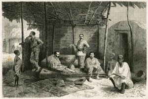 नांगो में मिशन की स्थापना, 10 महीने के प्रवास के लिए, गैलिएनी और उनके कप्तानों वलीरे और पिएट्री, डॉक्टर टॉटेन के साथ-साथ उनके दुभाषियों, गाइड और कैंटीनियर के चित्रों के साथ। लेखक द्वारा एक स्केच के आधार पर, रिओ द्वारा उत्कीर्णन, वर्णन करने के लिए द्वारा एडौर्ड रिउ
