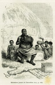 केतिमकुरु, आदिवासी नेता, अकॉर्डियन बजाते हुए। 1883-1885 में, एडौर्ड चार्टन (1807-1890), एचएसी के निर्देशन में, 1883-1885 में, टूर डू मोंडे 1886 में, विक्टर गिरौद द्वारा, जहाज के ध्वज द्वारा, लेस लैक्स डे ल'अफ्रीक इक्वेटोरियल कहानी को चित्रित करने के लि द्वारा एडौर्ड रिउ