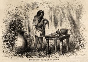 पेरू से एक कोनिबो भारतीय द्वारा मिट्टी के बर्तनों का निर्माण, प्रशांत महासागर से अटलांटिक महासागर तक, पी. मार्कॉय की 1848 से 1860 तक की यात्रा को चित्रित करने के लिए रिओ द्वारा चित्रित। एडौर्ड चार्टन द्वारा संपादित "" ले टूर डू मोंडे "" द्वारा एडौर्ड रिउ