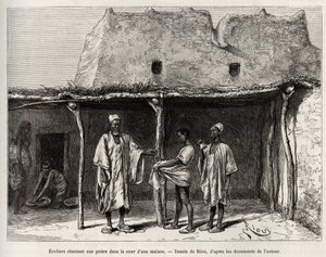 कोंग (नाइजर) देश में प्रचलित एक घर के प्रांगण में प्रार्थना करते हुए मुस्लिम स्कूली बच्चे, स्कूली बच्चों को मुट्ठी भर कौरियाँ मिलती हैं, जिन्हें वे अपने शिक्षक को सौंप देते हैं और जो सार्वजनिक शिक्षा के लिए एक तरह के कर से मेल खाती है। द्वारा एडौर्ड रिउ