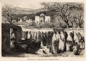 1875 में ई. डी लोराल द्वारा टेलमसेन (अल्जीरिया) की यात्रा का चित्रण करते हुए, ई.रिउ द्वारा एक चित्र के बाद उकेरा गया, मारबाउट डी टलेमसेन (इस्लाम के एक आदमी के गुंबद के साथ मकबरा) के लिए जुलूस, "" में प्रकाशित हुआ। ले टूर डू मोंडे ”” ”1875, एडौर्ड द्वारा एडौर्ड रिउ