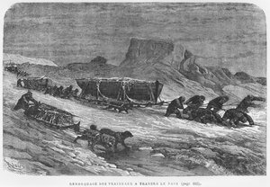 पैक आइस के माध्यम से स्लेज को खींचना, हेनरी थियोफाइल हिल्डिब्रेंड (1824-97) द्वारा उत्कीर्ण जूलियस प्रार्थना (1841-1915) द्वारा &39;एक्सपीडिशन डू तेगथॉफ&39; से चित्रण। द्वारा एडौर्ड रिउ