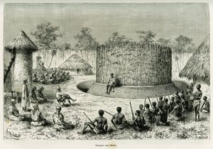 कथावाचक के साथ जनजाति प्रमुख Mkwewe में स्वागत। 1883-1885 में, एडौर्ड चार्टन (1807-1890) के निर्देशन में, 1883-1885 में, टूर डू मोंडे 1886 में, विक्टर जिराउड द्वारा, लेस लैक्स डे ल'एफ्रिक इक्वेटोरियल की कहानी को चित्रित करने के लिए रिओ द्वारा उत्कीर्णन द्वारा एडौर्ड रिउ