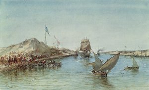 स्वेज नहर पर शिपिंग, एक स्मारिका एल्बम से 1869 में उद्घाटन पर महारानी यूजिनी (1826-1920) की यात्रा की स्मृति में (कागज पर wc)