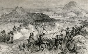 सर हेनरी मोर्टन स्टैनली की माजाम्बोनी के लोगों के साथ पहली मुठभेड़, 1890 (लकड़ी की नक्काशी) द्वारा एडौर्ड रिउ
