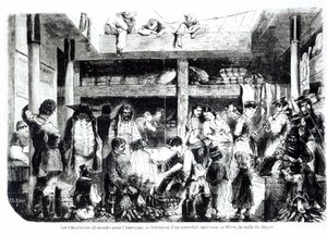 अमेरिका जाने की पूर्व संध्या - ली हावरे, सी .१५० के बंदरगाह पर एक अमेरिकी लाइनर के संचालन खंड में संयुक्त राज्य अमेरिका के लिए प्रस्थान करने वाले जर्मन प्रवासी द्वारा एडौर्ड रिउ