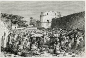 जंजीबार (तंजानिया) का फल बाजार। 1882-1883 में MGRevoil द्वारा "" जर्नी टू द बेनादिर, द ओमालिस एंड द बेयॉन "" कहानी को चित्रित करने के लिए रिओ द्वारा उत्कीर्णन। ले टूर डू मोंडे में प्रकाशित, नोव्यू जर्नल डेस वोयाजेस द्वारा एडौर्ड रिउ