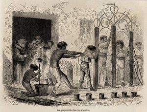 1848 से 1860 तक प्रशांत महासागर से अटलांटिक महासागर तक पॉल मार्कॉय की यात्रा को चित्रित करने के लिए सरयाकू (पेरू) में आतिशबाजी की तैयारी। एडौर्ड चार्टन द्वारा संपादित "" ले टूर डू मोंडे" में उत्कीर्णन द्वारा एडौर्ड रिउ