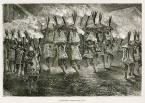 1873 में पॉल मार्कोय द्वारा टिटिकाका क्षेत्र और लोअर पेरू के पूर्व की घाटियों में यात्रा को चित्रित करने के लिए, ई.रियो द्वारा चित्रित, सैन जोस की सड़कों के माध्यम से मशाल की रोशनी चलती है। ले टूर डू मोंडे में उत्कीर्णन द्वारा एडौर्ड रिउ