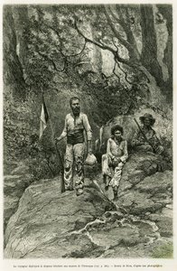 ओरेनोक के स्रोतों पर तिरंगा झंडा लगाते हुए यात्री। 1886-1887 में वॉयेज ऑक्स सोर्स डे ल'ओरेनोक की कहानी को चित्रित करने के लिए रिओ द्वारा उत्कीर्णन, जीन शैफनजोन द्वारा, सार्वजनिक शिक्षा के मिसनिस्टर द्वारा असाइनमेंट, टूर डू मोंडे 1 में द्वारा एडौर्ड रिउ