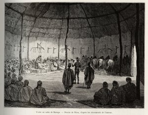 करागा (घाना) के नाबा की यात्रा। 1887-1889 में कैप्टन लुई गुस्ताव बिंगर (1856-1936) की कहानी "नाइजर फ्रॉम द गल्फ ऑफ गिनी" को चित्रित करने के लिए रियो द्वारा उकेरा गया, ले टूर डू मोंडे, नोव्यू जर्नल डेस वॉयेज, के निर्देशन में एडौआरे द्वारा एडौर्ड रिउ