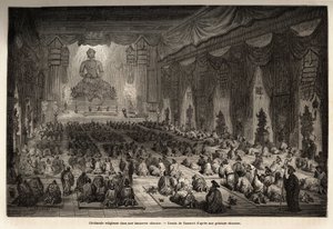 एक चीनी लामासेरी में धार्मिक समारोह, वाउमॉर्ट (? -1886) द्वारा चित्रित, 1859 से 1862 तक शंघाई से मास्को तक की यात्रा को चित्रित करने के लिए, एम। डी बोरबौलन, चीन के फ्रांसीसी मंत्री। एडौर्ड चार्टन द्वारा संपादित "" ले टूर डू मोंडे "" में