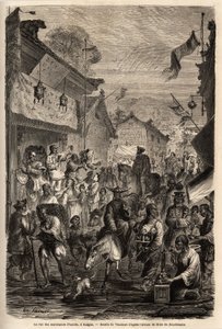 कपड़ों के डीलरों की सड़क, कलगन, मंगोलिया। 1859 से 1862 तक शंघाई से मास्को तक की यात्रा का वर्णन करने के लिए वाउमॉर्ट (? -1886) द्वारा ड्राइंग, एम। डी बोरबौलोन, चीन के फ्रांसीसी मंत्री। "" ले टूर डू मोंडे "" में उत्कीर्णन, एडौर्ड चार्ट द